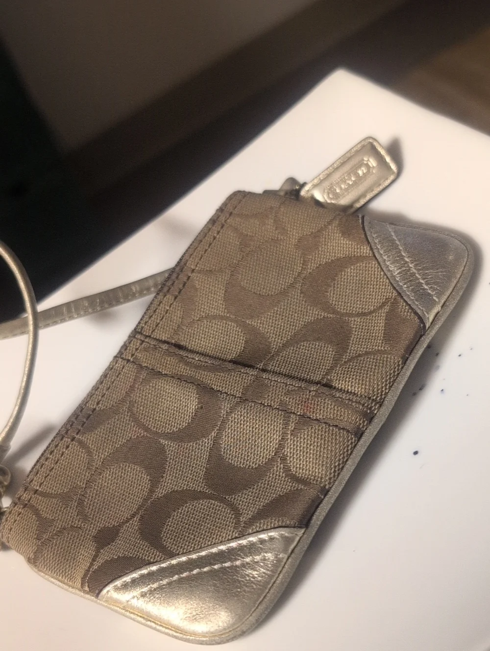 VTG Coach Brown Signature Canvas Wristlet with Metallic Gold Accents